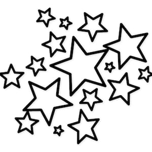 Può includere: Una collezione di stelle nere delineate di varie dimensioni su sfondo bianco. Le stelle sono raggruppate, creando un design dinamico e visivamente accattivante. Le stelle variano da piccole a grandi.