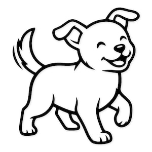 Może przedstawiać: Czarno-biała ilustracja kreskówkowa szczęśliwego szczeniaka z merdającym ogonem. Pies uśmiecha się i idzie do przodu, z uniesionymi uszami. Obraz ma czysty, minimalistyczny design.