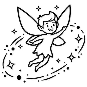 May include: A black and white cartoon illustration of a fairy with outstretched arm, surrounded by stars and a dotted swirl. The fairy has large wings and is smiling. The image is in a cartoon style.