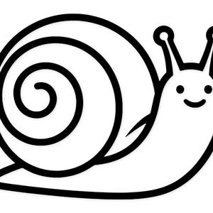 Può includere: Illustrazione a fumetto in bianco e nero di una lumaca. La lumaca ha un grande guscio a spirale e una faccia sorridente con due antenne. L'immagine è un design semplice e pulito.