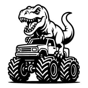 May include: Black and white graphic of a Tyrannosaurus Rex perched atop a monster truck. The dinosaur has an open mouth with visible teeth. The truck has large, patterned tires.