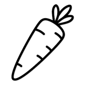 Pode incluir: Um desenho a traço preto e branco de uma cenoura. A ilustração da cenoura tem uma extremidade pontiaguda e um topo verde e frondoso. Três linhas horizontais são desenhadas no corpo da cenoura.
