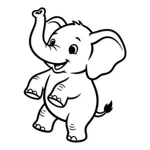May include: A black and white cartoon illustration of a smiling baby elephant with its trunk raised. The elephant has large ears, small eyes, and is standing on its hind legs. The image is a simple, clean design.