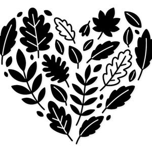 May include: A heart shape composed of black leaf silhouettes on a white backdrop. The leaves are diverse in form and size, forming an attractive design. The image is a simple, yet elegant illustration.