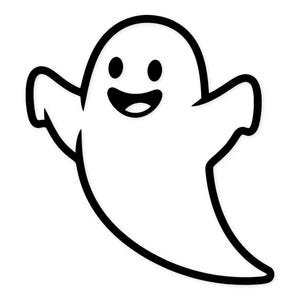 Könnte beinhalten: Eine Cartoon-Illustration eines freundlichen Geistes. Der Geist ist weiß mit einem dicken schwarzen Umriss, schwarzen Augen und einem lächelnden Mund. Seine Arme sind ausgestreckt, was den Eindruck des Schwebens erweckt.