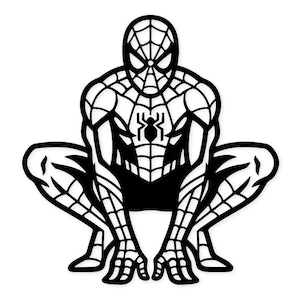 Könnte beinhalten: Schwarz-Weiß-Illustration von Spider-Man in einer hockenden Pose. Der Superheld ist mit einem detaillierten Netzmuster auf seinem Anzug und einem Spinnenemblem auf der Brust dargestellt. Ein sauberes, grafisches Design.