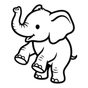May include: A black and white cartoon illustration of a baby elephant. The elephant is standing on its hind legs with its trunk raised and a smiling expression. The image has thick black outlines.