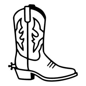 May include: A black and white illustration of a cowboy boot. The boot features decorative stitching and a spur on the heel. The design is a classic representation of Western wear.