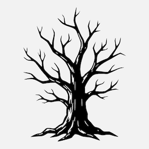 Könnte beinhalten: Schwarz-Weiß-Illustration eines kahlen Baumes. Der Baumstamm ist dick und strukturiert, mit ausgeprägten Wurzeln. Die Äste reichen nach oben und bilden eine markante Silhouette vor dem weißen Hintergrund. Das Kunstwerk hat einen einfachen, grafischen Stil.