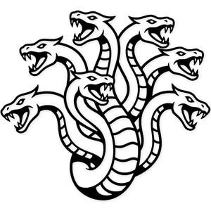 Puede incluir: Ilustración en blanco y negro de una hidra, criatura mítica con siete cabezas de serpiente. Cada cabeza está representada con la boca abierta y dientes visibles. Los cuerpos de la hidra están entrelazados.