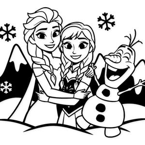 May include: Black and white illustration featuring Elsa, Anna, and Olaf from the movie Frozen. Elsa and Anna are embracing, with snowflakes and a mountain silhouette in the background. Olaf is smiling.
