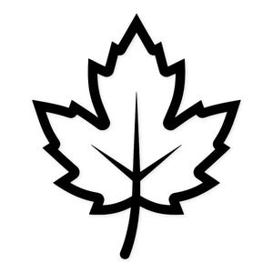May include: A black and white graphic of a maple leaf. The leaf has a detailed outline with jagged edges and prominent veins. The design is simple and bold, suitable for various applications.