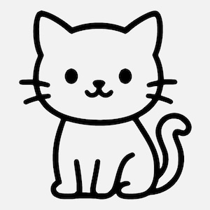 Op de afbeelding: Zwart-wit cartoon illustratie van een kat. De kat heeft grote, ronde ogen, snorharen en een lachend gezicht. De kat zit rechtop met zijn staart opgerold.