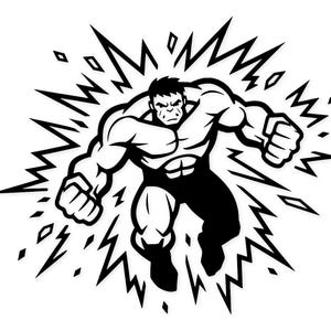 May include: A monochrome illustration of a powerful superhero, depicted with a muscular physique and clenched fists, surrounded by jagged lines. The image conveys energy and strength, with the character's stern expression adding to the impact.