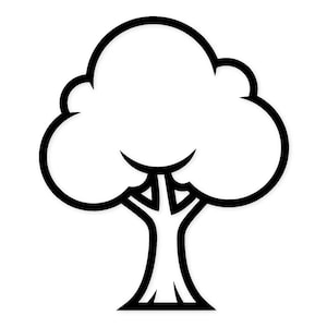 Pode incluir: Ilustração de uma árvore de desenho animado em preto e branco. A árvore tem uma copa arredondada em forma de nuvem e um tronco espesso. O design é simples e gráfico, com contornos arrojados e um estilo minimalista.