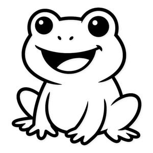 May include: A black and white cartoon illustration of a smiling frog. The frog has large, round eyes, a wide open mouth, and webbed feet. The frog is sitting upright, with its arms and legs spread out.