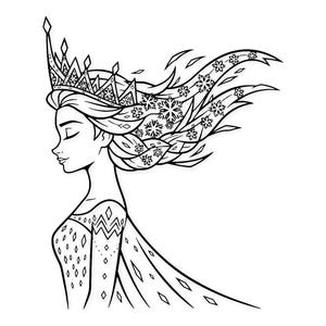 Könnte beinhalten: Schwarz-Weiß-Illustration einer Frau im Profil, die eine Krone und einen Umhang trägt. Ihr Haar ist mit Schneeflockenmustern versehen. Das Bild ist eine Strichzeichnung, geeignet zum Ausmalen oder für Designzwecke.