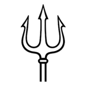 May include: A black trident symbol, featuring three prongs with curved edges and a central spearhead. The handle is a simple, straight design. The image is a graphic illustration on a white background.