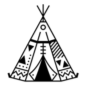 Op de afbeelding: Een zwart-wit geometrische illustratie van een tipi. De tipi heeft verschillende vormen en patronen, waaronder driehoeken, zigzags en strepen. Het symmetrische ontwerp staat tegen een witte achtergrond.