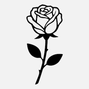 May include: A black and white illustration of a rose. The rose is in full bloom, with detailed petals and a stem with two leaves. The image is a simple, elegant design, perfect for various applications.