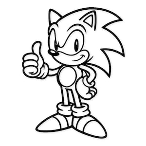 May include: Black and white line art illustration of Sonic the Hedgehog giving a thumbs up. The character has spiky hair, a smiling face, and is wearing gloves and shoes. The image is a cartoon style drawing.