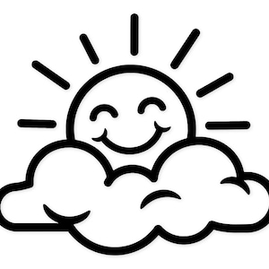 May include: A black and white cartoon illustration of a smiling sun with radiating lines above a cloud. The sun has a happy face with a curved smile. The cloud is a fluffy shape with rounded edges.