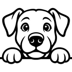 Könnte beinhalten: Schwarz-weiße Strichzeichnung eines Hundegesichts mit großen Augen und Schlappohren. Die Pfoten des Hundes liegen auf einer horizontalen Linie, wodurch der Eindruck entsteht, er würde über etwas hinwegsehen. Das Design ist einfach und cartoonartig.
