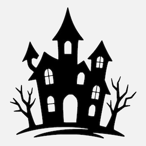 May include: A black silhouette of a haunted house with multiple windows, a tall spire, and bare trees on either side. The house is set on a small hill, creating a spooky Halloween theme.