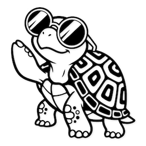 Puede incluir: Ilustración de dibujos animados en blanco y negro de una tortuga con gafas de sol. La tortuga está saludando con una aleta. El caparazón de la tortuga tiene un patrón geométrico. La imagen es un diseño simple y audaz.