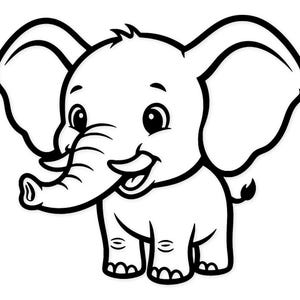 May include: A black and white cartoon illustration of a smiling baby elephant. The elephant has large ears, a trunk, and tusks. The image is a simple line drawing, suitable for colouring books or children's designs.