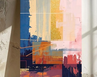 Abstract Art Print: Blue Gold Orange Beige Modern Home Decor (Digital Download)