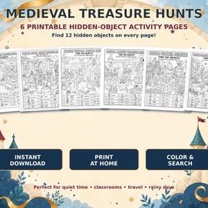 Könnte beinhalten: Sechs schwarz-weiße, ausdruckbare Aktivitätsseiten mit dem Titel Medieval Treasure Hunts, die jeweils eine detaillierte Illustration mit 12 versteckten Objekten zum Suchen enthalten. Die Seiten umfassen Textüberschriften und Checklisten.