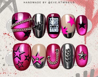 5SOS Hot Pink Rockstar Press On Nails | 5 Seconds of Summer Concert Press On Nails | 5SOSFan Custom Handmade Reusable Nails 5SOS-01