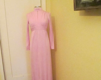 Vintage 1960s Pink Gown Empire Bodice Mock Turtleneck Small  Gown