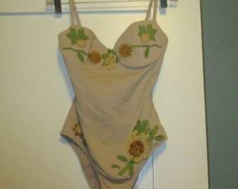 Vintage Fendi Italian Swimsuit 1 Piece Embroidered 3D Flowers Amazing!