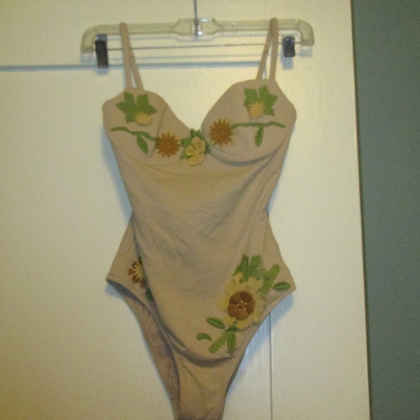 Vintage Fendi Italian Swimsuit 1 Piece Embroidered 3D Flowers Amazing!