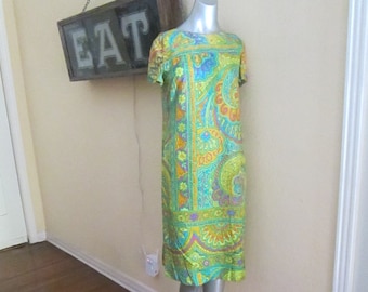 1960s Paisley Mod Silk Dress Neon House Of Lord's M L