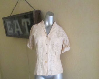 Vintage 1950s Lace Blouse Ivory Rhinestone Buttons Martin Berens Size Medium