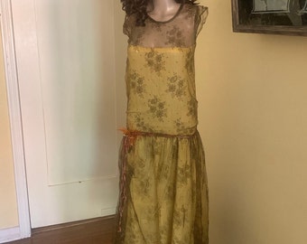 1920s Flapper Lace Dress XS Gorgeous Brown Pale Yellow Dropped Waist