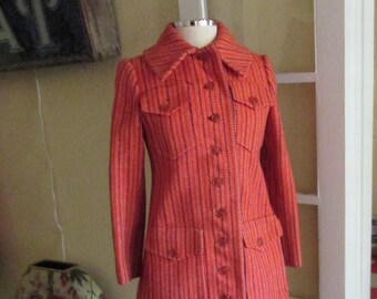Vintage 70s Luba Orange Black Stripe Jacket Wool Warm S