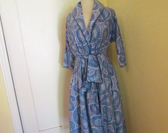50s Housecoat Daytime Dress Blue Paisley Wrap