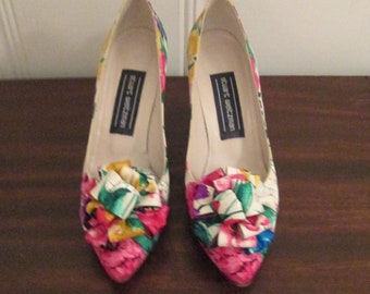 Vintage Stuart Weitzman Silk Pumps Colorful Ribbon Flower