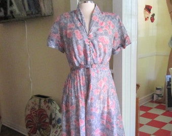 40s Floral Dress Belted Gray Pink CUTE