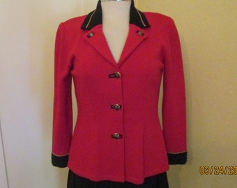 80s Red Black Blazer Gold Chain Accent Military Style Classy