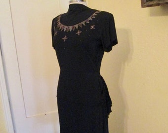 1940s Rayon Beaded Dress Cocktail Arthur Weiss S M