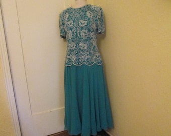 Vintage Beaded Dress Turquoise Adrianna Papell  SIze 10
