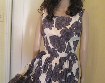 Vintage 50s Cotton Sundress Gray White Black Roses