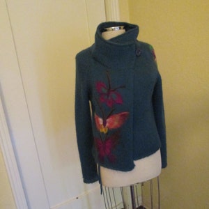 1970s Hand Knit Mohair Teal Cardigan Colorful Butterflies image 1