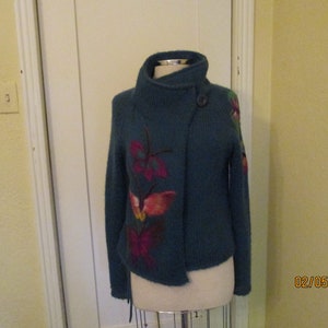 1970s Hand Knit Mohair Teal Cardigan Colorful Butterflies image 5