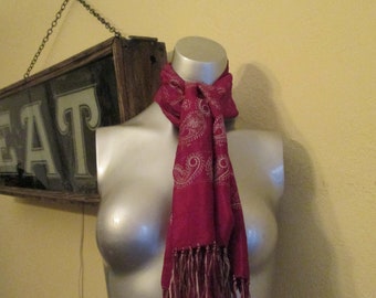 Vintage Silk Ascot Scarf Maroon Paisley Fringe Scarf